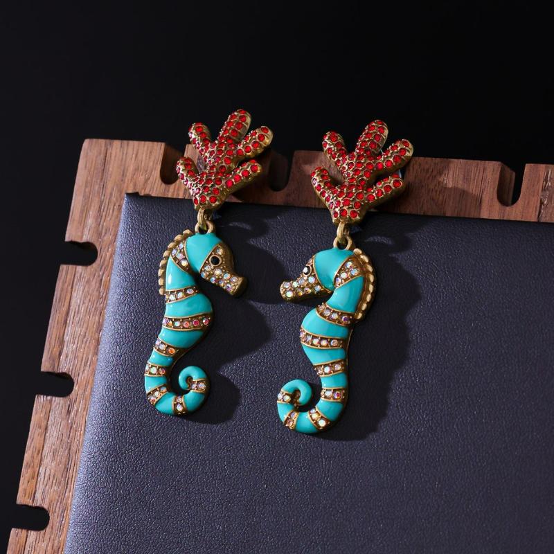 [HF]#1Pair Vintage Micro Diamonds Earrings For Woman Coral Seahorse Enamel Jewelry Gift High Quality Elegant Accessories