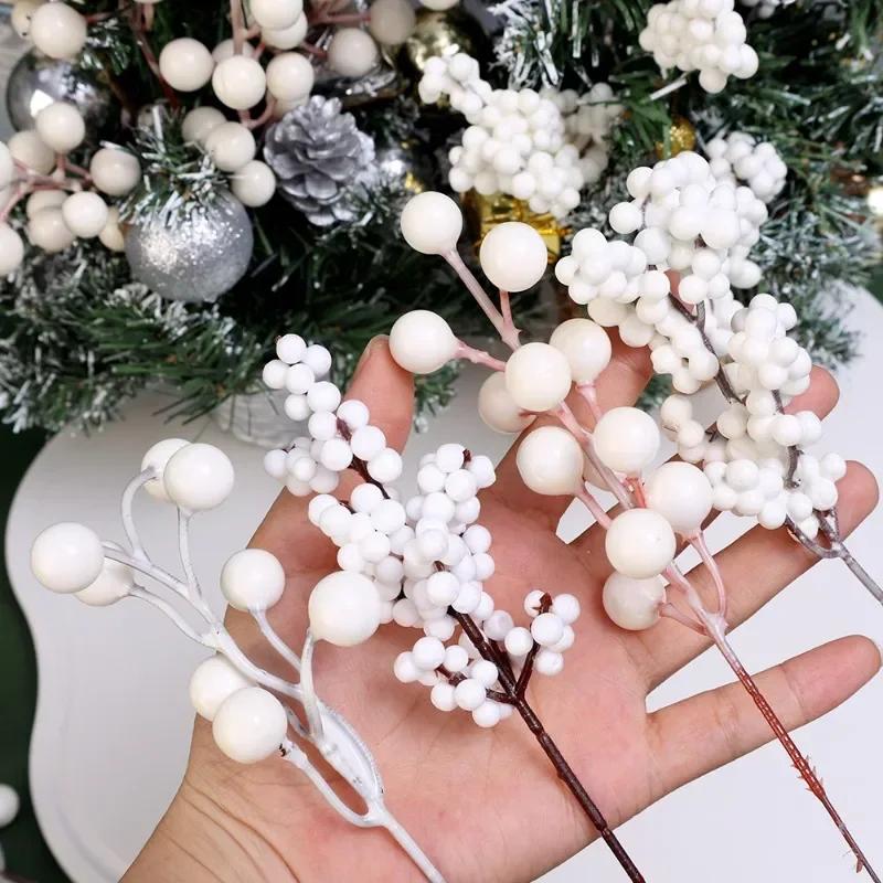 4-20PCS Artificial Holly Berry Stem Christmas White Berries Branches DIY Xmas Tree Ornament Wedding Home Party Fake Flower Decor