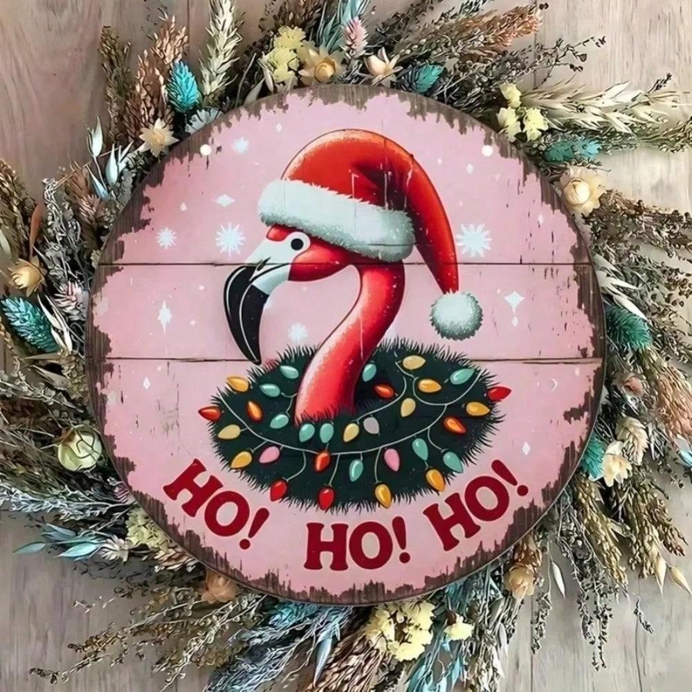 

Christmas Flamingo Round Metal Sign Santa Hat Wreath Holiday Door Decor Wall Hanging Outdoor Party 20x20 разноцветный