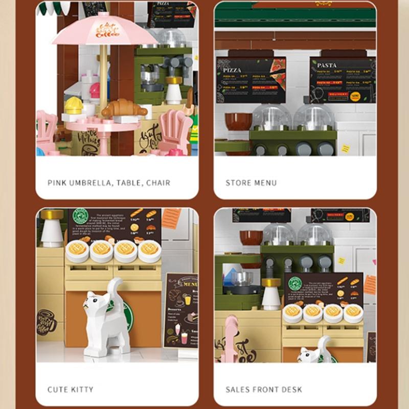 NEW Coffee Shop Bakery Bookstore Pet Cure Street View Food House Building Blocks Kit Girls Bricks Model Kids Toy Children