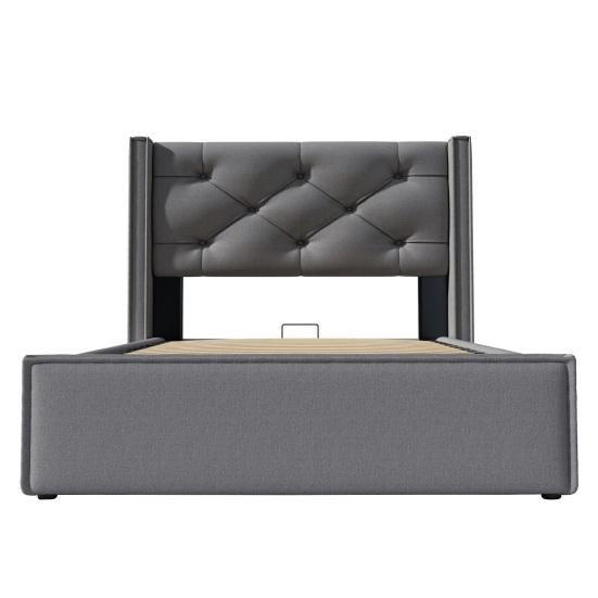 Family Bed Hydraulic Single Upholstered 90x200cm with Slatted Soft Frame Modern Frame Storage Space Gray