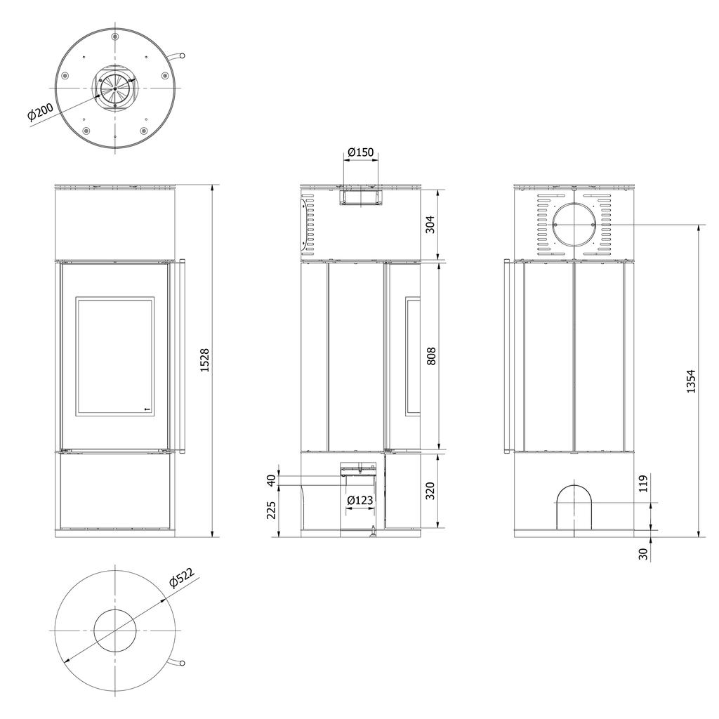 Wood Burning Stove KRATKI AMBLER Ø 150 7 kW Black Thermotec, Self Closing Door, Jatoba Wood Handle