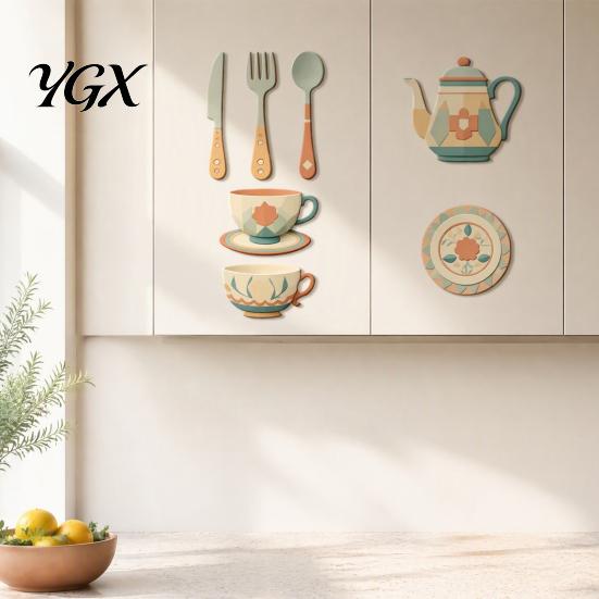 Rustic Kitchen Wall Accents 7Pcs 2D Flat Wooden Decor, Retro Teapot Tableware Themed Adhesive Art for Dining Area Art, Self?Adhesive Plaques