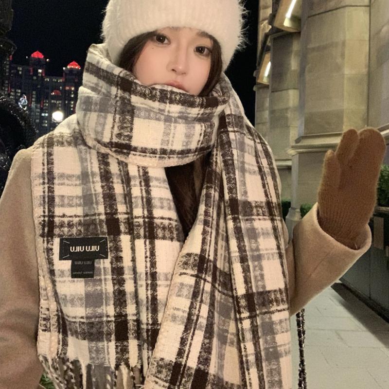 Retro Fashion Winter Women Knitted Scarf Headscarf Casual Preppy Plaid Tassel Scarve Lady Mujer Wrap Shawl Korean New Christmas