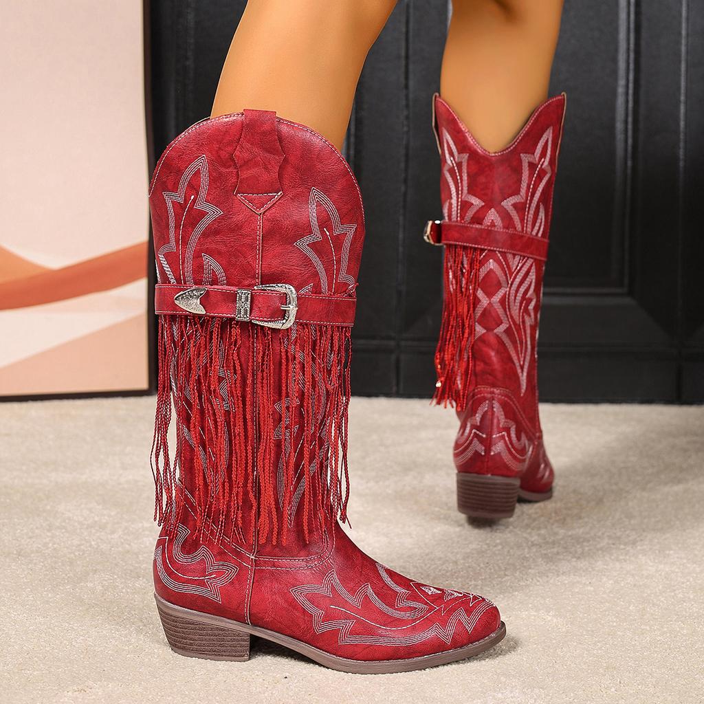 Autumn 2025 Embroidered buckle tassel western comfortable stylish versatile vacation cowboy boots for women