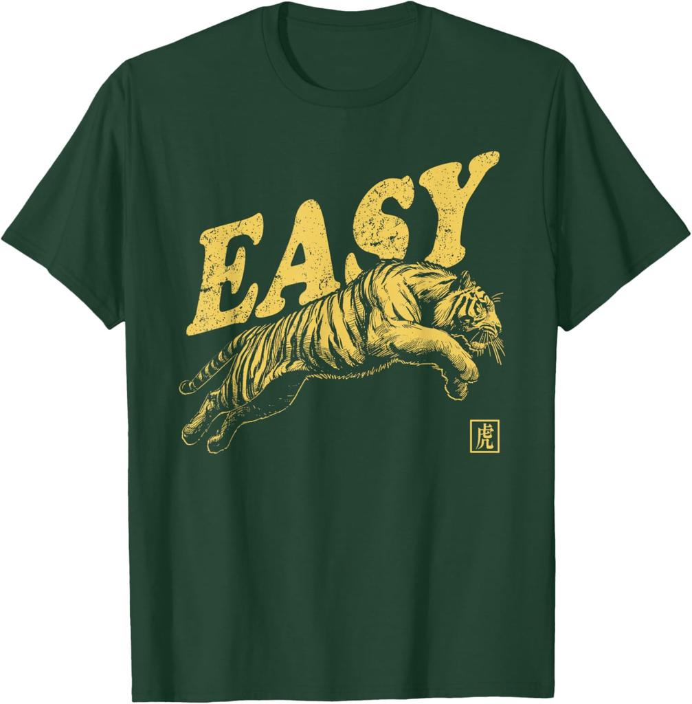 Easy Tiger Graphic Print Men Casual Cotton TShirt Retro Distressed Style Tee