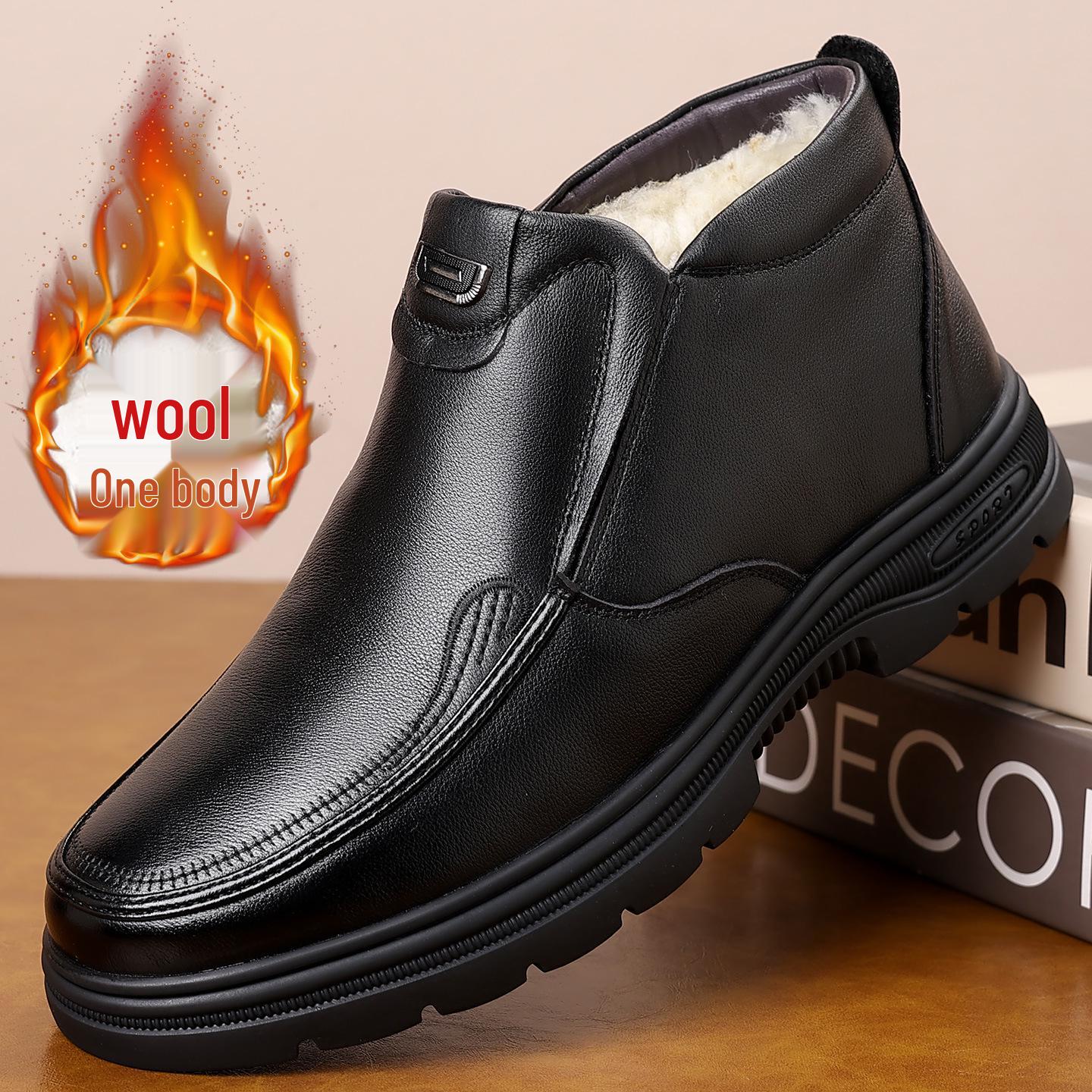 

Men s Top Grain Cowhide Leather High-Top Slip-on Snow Boots with Wool Fleece Lining 44 чорний