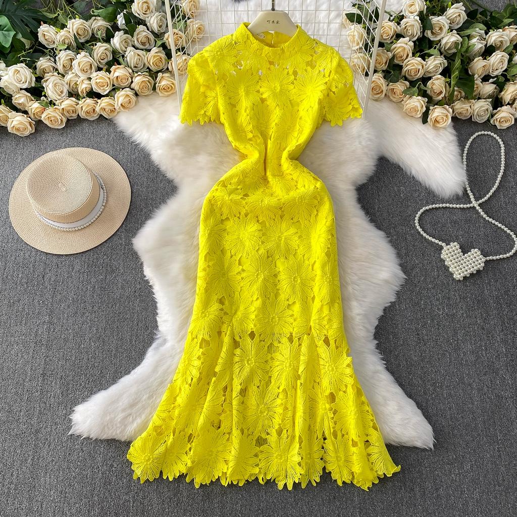 Summer Women Elegant Luxury Embroidery Flower Lace Slim Bodycon Long Maxi Party Fishtail Dresses for Girl Graduation