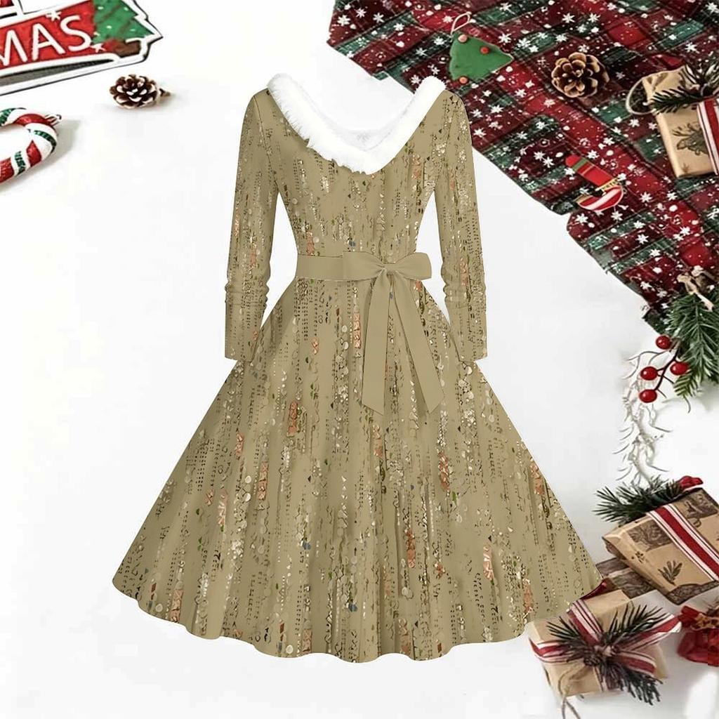 Women Floral Print Midi Dress, Long Sleeve V‑Neck Furry Trim A‑Line Party Dress, Christmas Limited Edition