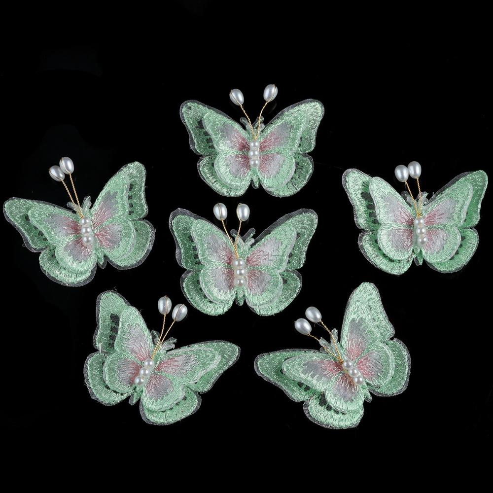 10Pcs 3D Mesh Pearl Butterfly Appliques Double-layer Chinese Style Butterfly Embroidered Patches Cloth зелёный