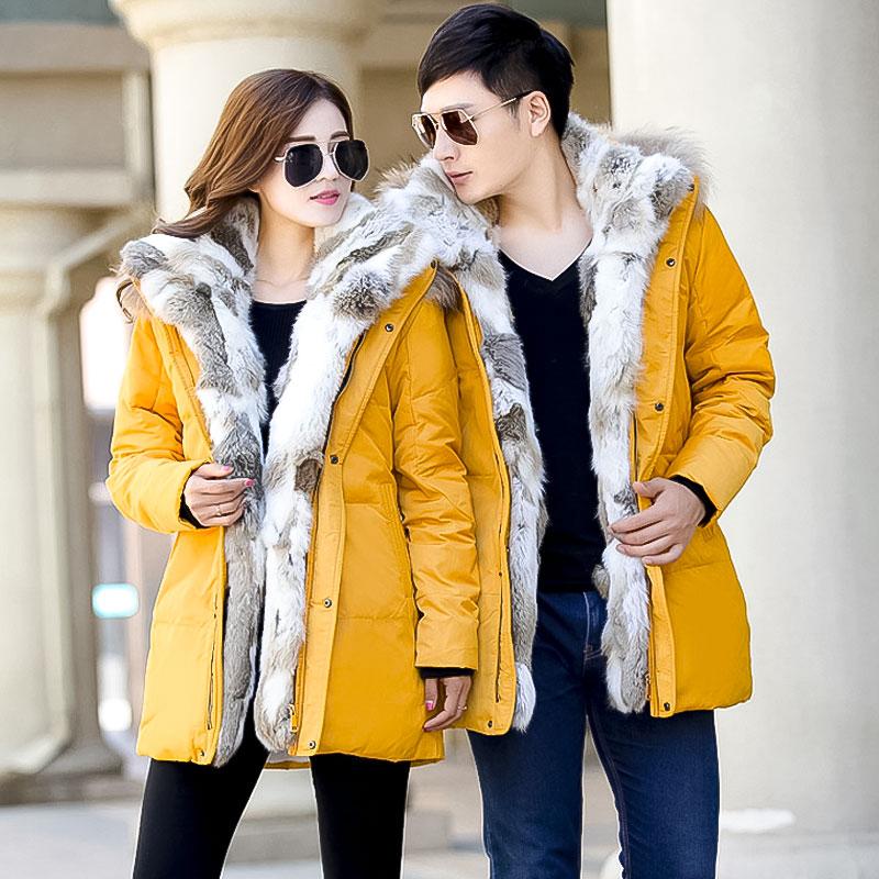 Winter Style Men Boutique Down Coat Detachable Rabbit Fur Collar White Duck Down Men's Solid Jackets Plus Size S-5XL