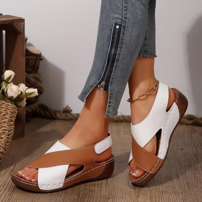 Women’s Platform Peep-Toe Colorblock Sandals with Velcro Straps and Breathable Cutout Design for Wide Sizes