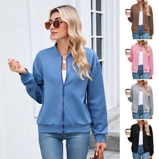Women Coat Stand Collar Long Sleeve Zipper Closure Baseball Jacket with