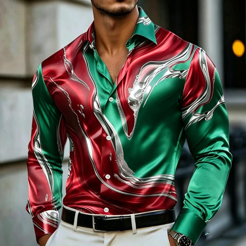 Camisa de Manga Larga Estampada con Arte Fluido de Mármol para Hombre Lujo Resort Nightclub Uso Diario Cuello Botón Top para Hombre Camisa de Moda