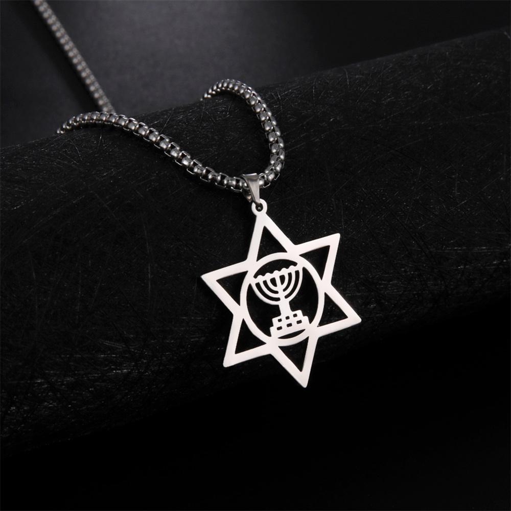 Jewish Menorah Star of David Pendant Necklace for Men Stainless Steel Judaica Faith Hanukkah Lamp Amulet Jewelry Gifts