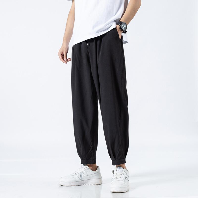 New men's casual pants solid color ice silk texture simple straight suit pants nine-point pants men