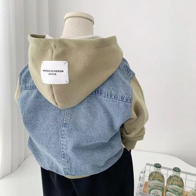 Veste en jean printemps-automne pour garçon et fille, version coréenne, manteau à capuche en patchwork, vêtements décontractés pour enfants