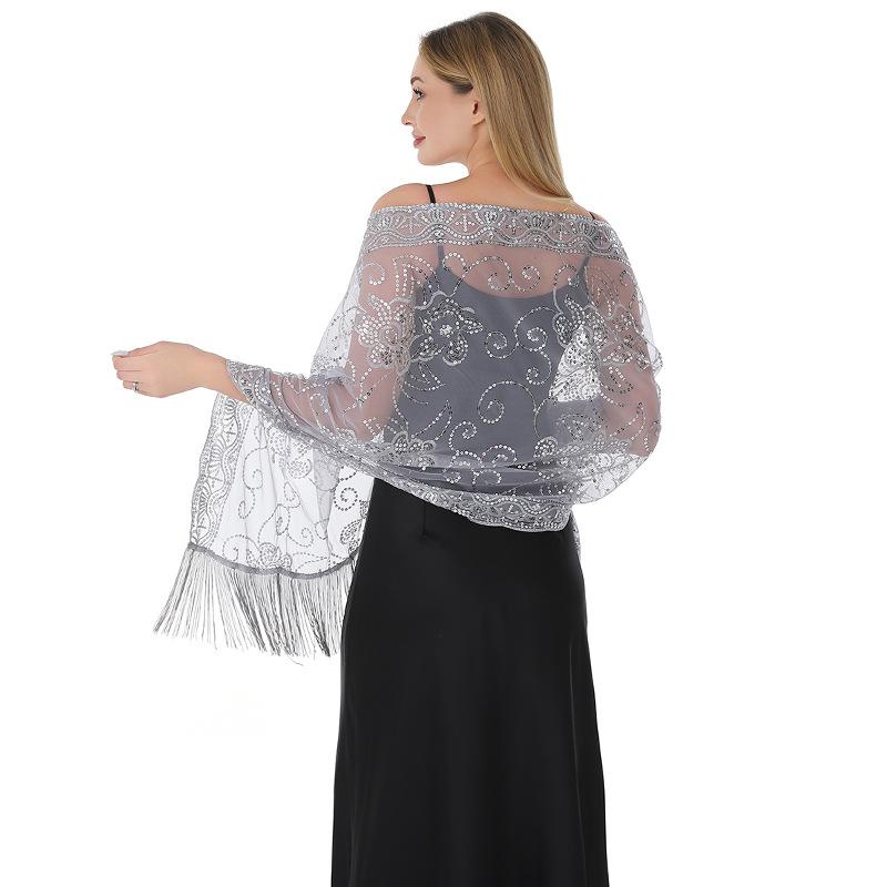 

60*190 см сетчатые пайетки шали и накидки для вечерних платьев шарфы для женщин пашмина 1920-х годов формальная кружевная бахрома шаль 60*190cm серебряный