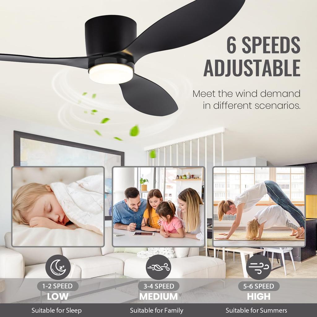 Ceiling Fans With Lights 42/52 Inch Led 3 Color 6 Speeds DC Motor Fans Remote Control Low Floor Decorative Fans With Lighting
