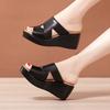 Soft Leather Wedge Slippers Women's 2025 Summer New Thick-soled Waterproof Table Thick Heel Non-slip Mother Shoes Cool Slippers Fish Mouth