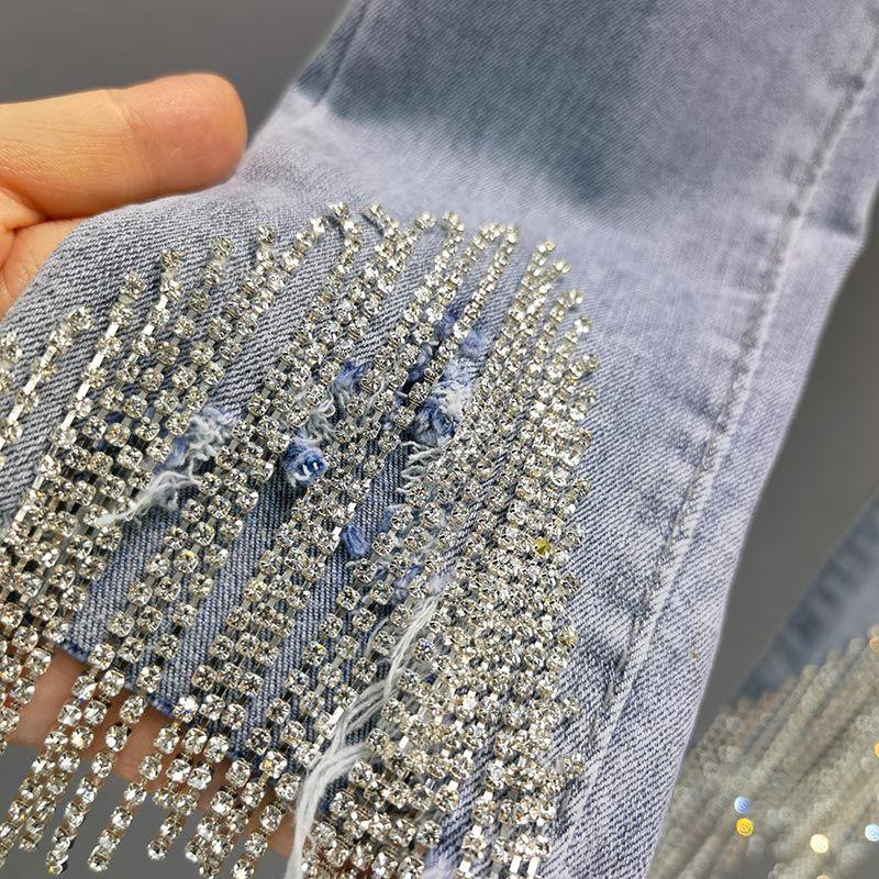 Station Trousers Rhinestone Tasseled Jeans Women's Fashionable 23 Summer Clothes New Arrival High Waist Slimming and Tight Skinny Jeans Cropped Pants