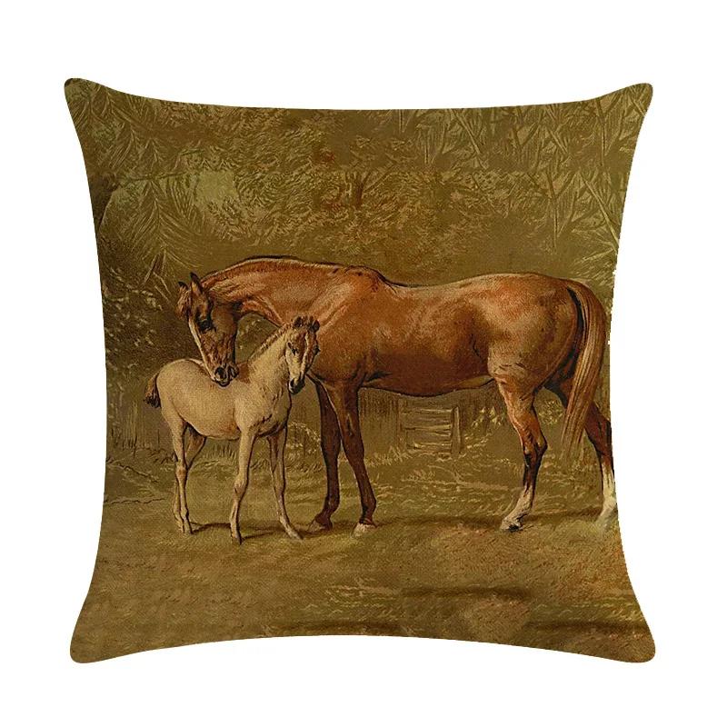 Retro Nostalgische Kunst Pferde-Druck Dekorative Kissenhülle Baumwolle Leinen Haus Auto Sofa Kissenbezug Heimdekoration 45X45cm