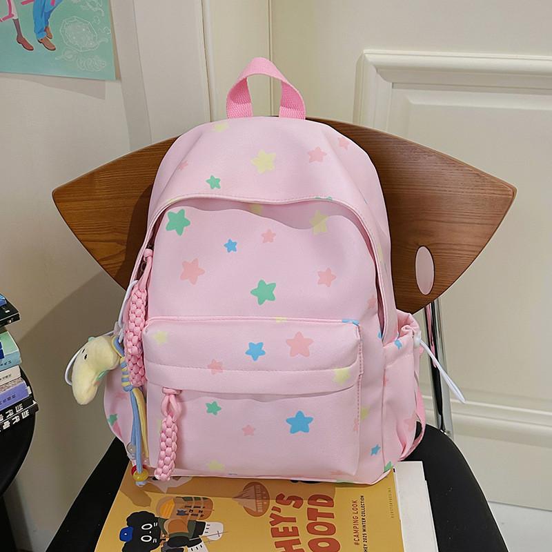 Cute Colorful Star Patterned Student Lightweight Backpack With Plush Pendant For Casual Use S розовый