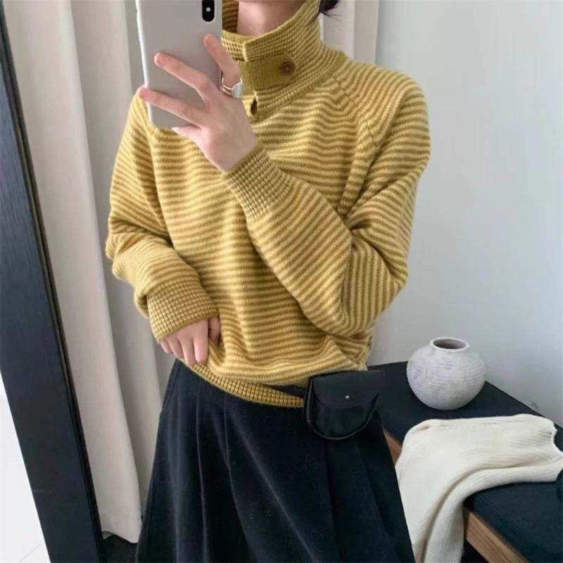 Gentle wind soft waxy stripes contrasting color lapel sweater women's top autumn and winter new pullover knitted sweater thick