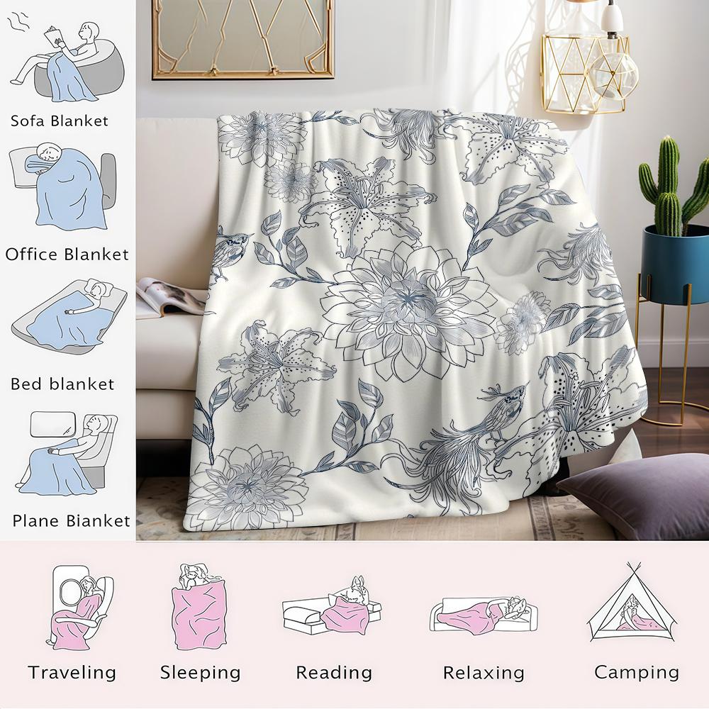 Floral & Bird Pattern Flannel Blanket Warm Soft Halloween Christmas Couch Warm Cozy Decorative Decor Gift for All Season
