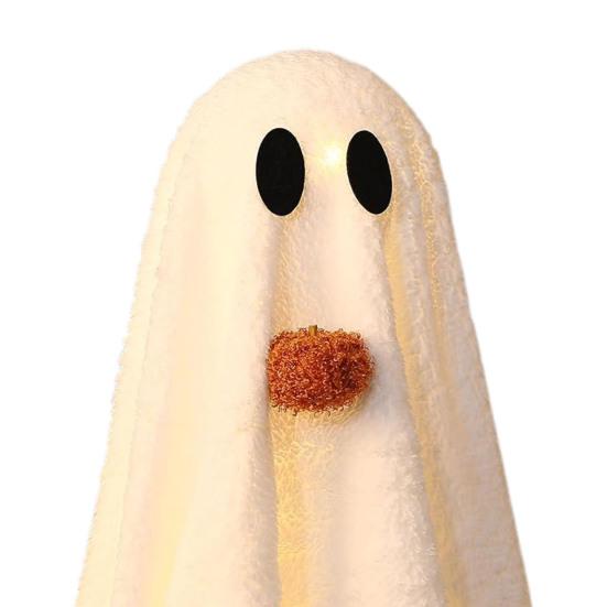 Light-Up Sherpa Ghosts with Pumpkin Cute Ghost Tabletop Decoration for Halloween Indoor Home Kitchen Fireplace Decor