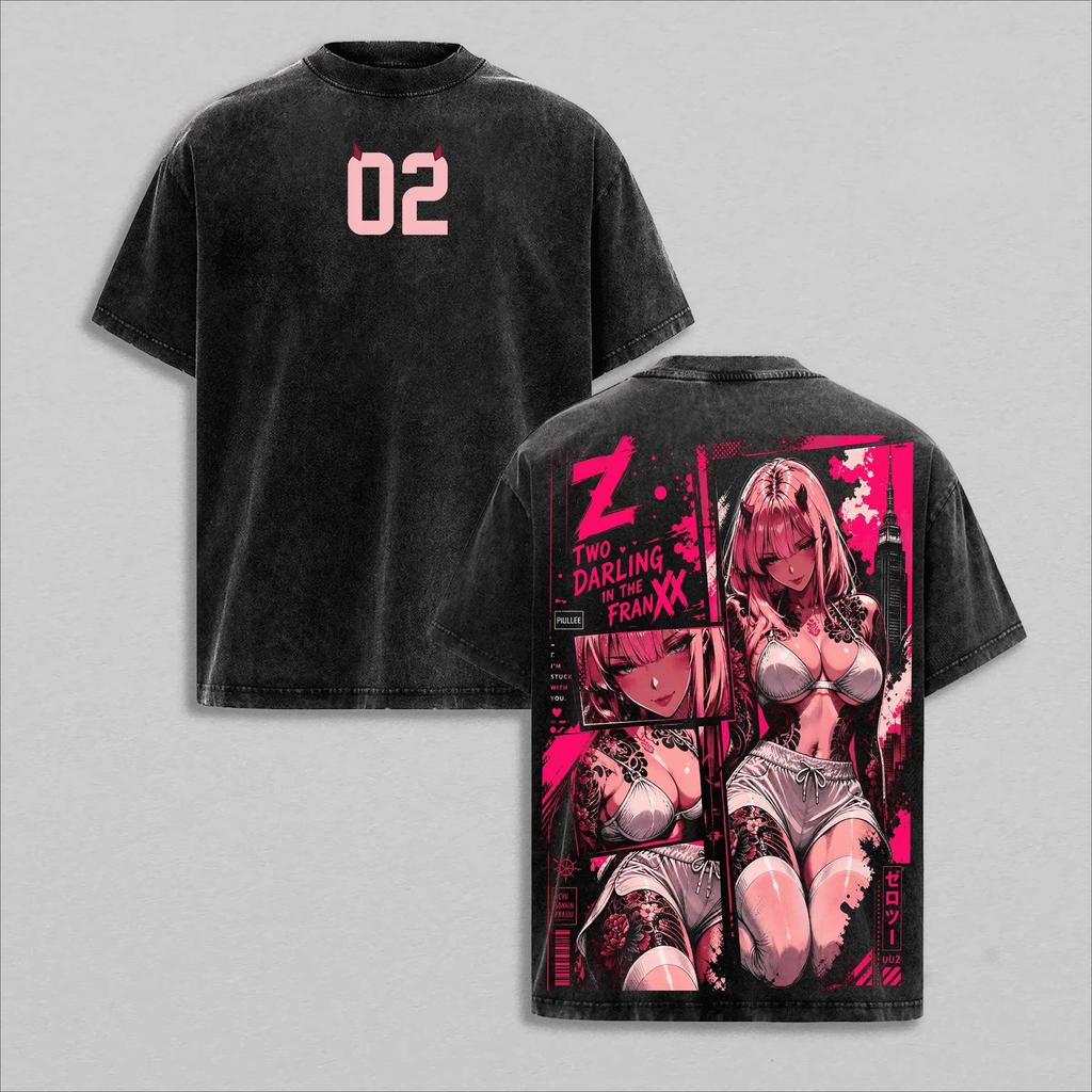 T-shirt Imprimé Graphique Manga Anime Zero Two DARLING in The FRANXX Hommes Femmes Vintage Lavé Col Rond Coton Oversize Streetwear Hip Hop HarajukuTee