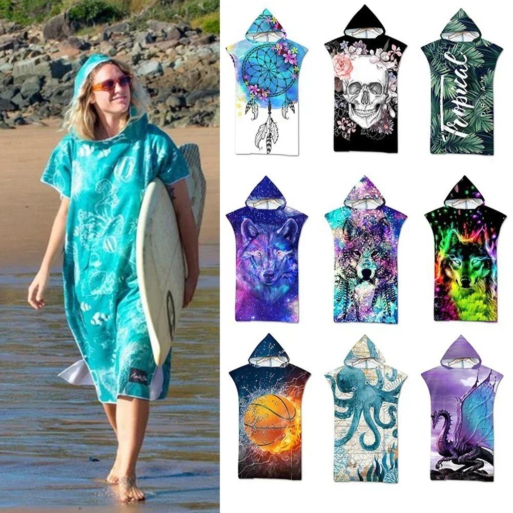 Bedrucktes Strandhandtuch mit Kapuze für Erwachsene Kinder Schnelltrocknender Schwimmbad-Poncho Handtuch mit Umhang Bademantel Handtücher