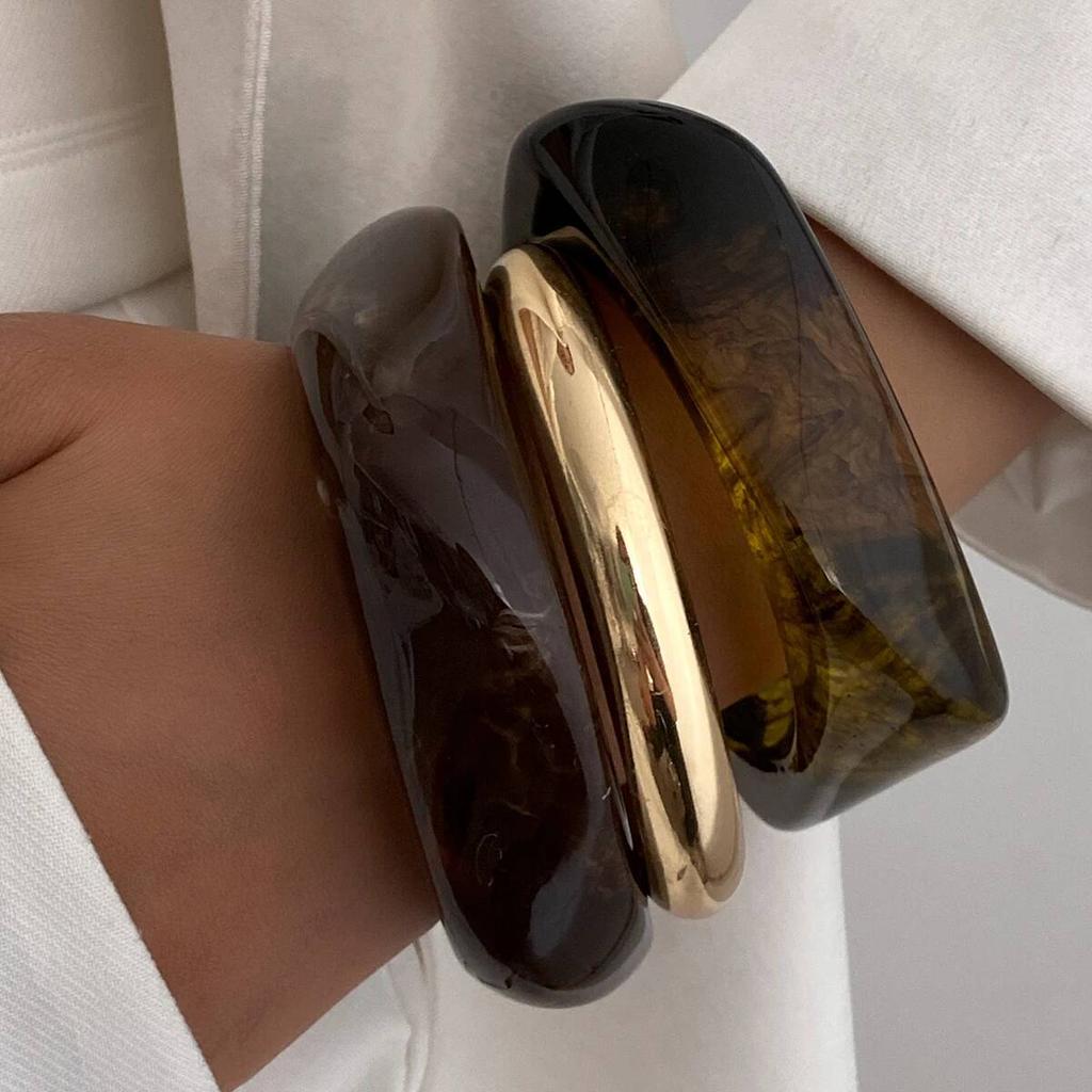 IngeSight.Z 3 Styles Vintage Punk Brown Thick Resin Acrylic Smudging Bangles Women Geometric Irregular Bracelet Pulseras Jewelry