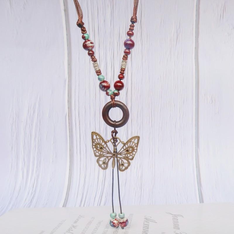 Concubine Butterfly Ethnic Style Ceramic Long Sweater Chain Female Antique Pendant Retro Chinese Style Butterfly Necklace