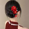 Red Silk Flower Ancient Style Hairpin and U-Shaped Pin Hair Accessory for Qipao, Hanfu, or Wedding