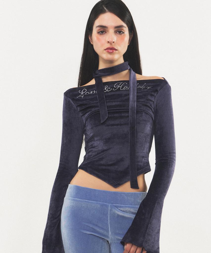 RAWMANTICS Shine Velvet Drape Cubic Scarf Top Navy