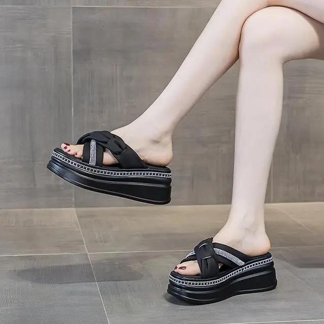 Fashion 7CM Microfiber Leather Women Zandalias De Mujer Females Buckle Platform Peep Toe Slippers Summer Wedge Flat Sandals Slides Shoes