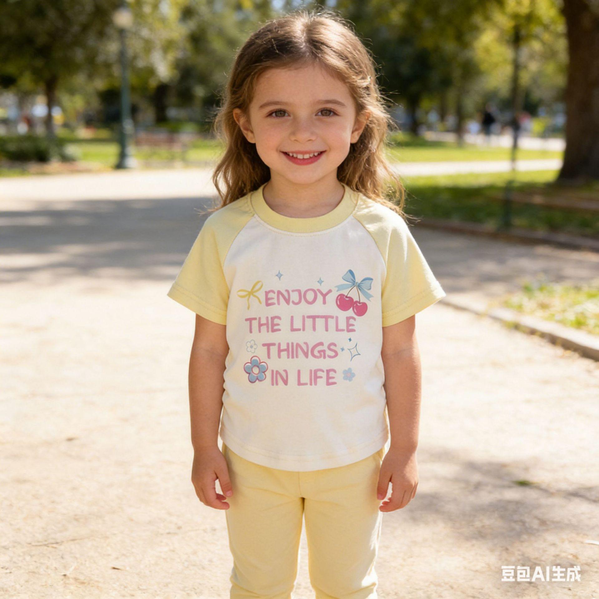 Girls Summer Cotton Colorblock Short Sleeve T-Shirt with Cute Print 80