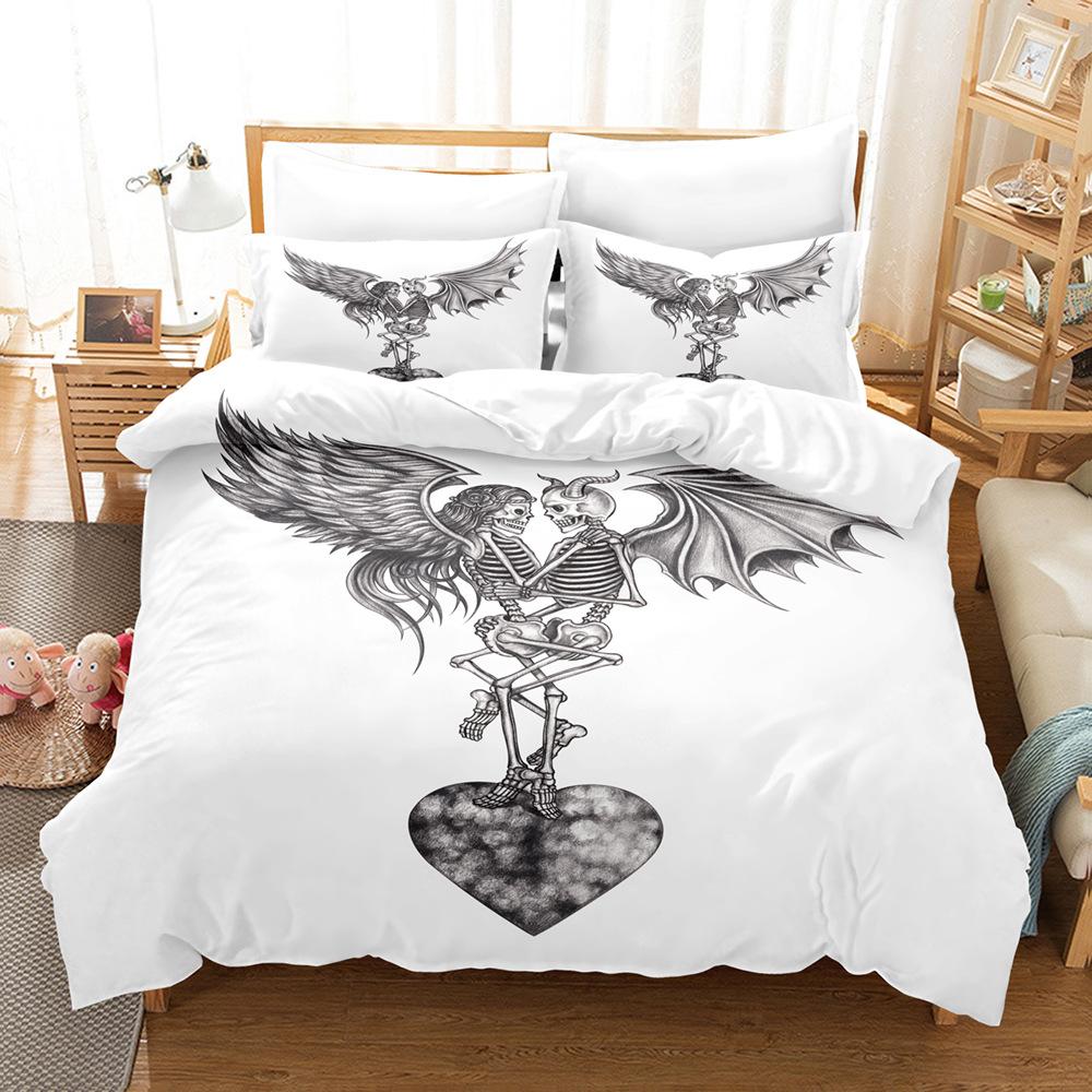 3D-Paar-Schädelkopf-Serie, Bettwäsche-Set, Halloween-Horror-Bettbezug und Kissenbezug, 2/3-teilig, AU/US/UK/DE, volle Größe, Heimdekoration