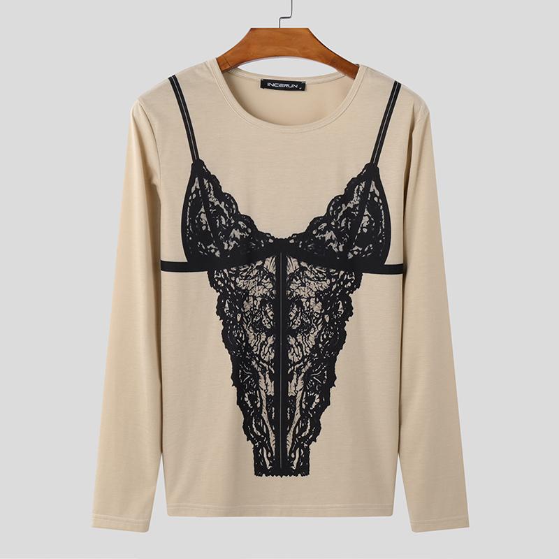 

INCERUN Мужские футболки с круглым вырезом и длинным рукавом с принтом Повседневные футболки Майки M бежевый