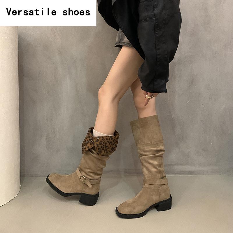 Vintage Leopard Print Women Western Cowgirl Boots Fashion Slip On Long Booties Ladies Elegant Thick Heels Botas Mujer