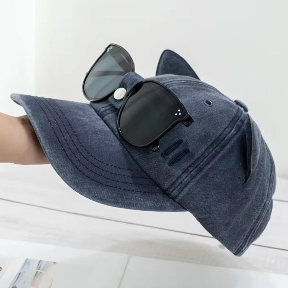 Cute Cat Ears Baseball Cap Breathable Duck Tongue Cap Fashion Sunshade Cap with Sunglasses  Travel