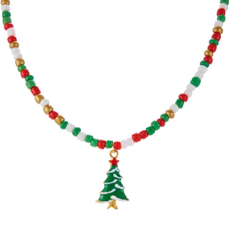 Christmas Themed Bead Necklace Featuring Santa Pendant Festive Color Jewelry For Holiday Gatherings And Outfit Styling