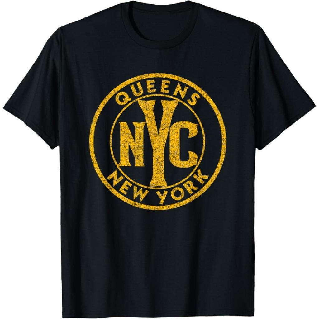 Queens New York NYC Circle Sign Distressed Amber Print T-Shirt