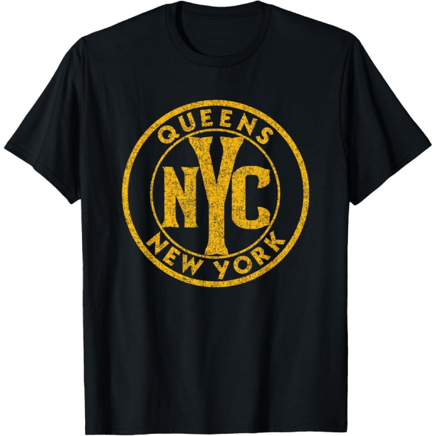 Queens New York NYC Circle Sign Distressed Amber Print T-Shirt S