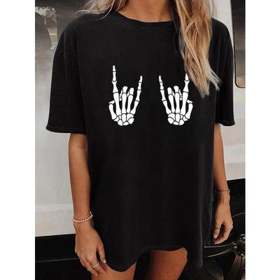 European Size Womens Skull Print T Shirt Crew Neck Loose Short Sleeve Stylish Casual Summer Fashion Wear Top