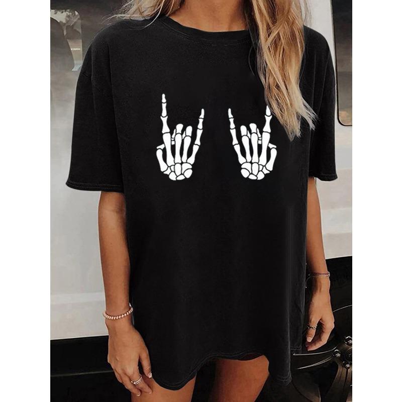 

European Size Womens Skull Print T Shirt Crew Neck Loose Short Sleeve Stylish Casual Summer Fashion Wear Top 4XL чорний