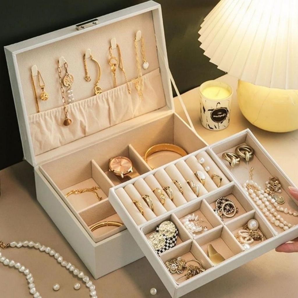 Double Layer Leather Jewelry Box with Lock - Large Capacity for Rings, Necklaces, Bracelets, and Earrings