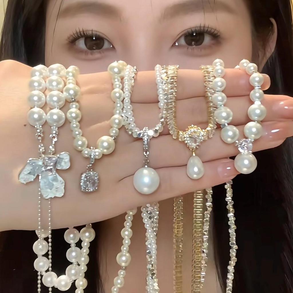 Elegante französische geometrische Zirkon-Perlenkette - Vielseitige High-End-Pulloverkette