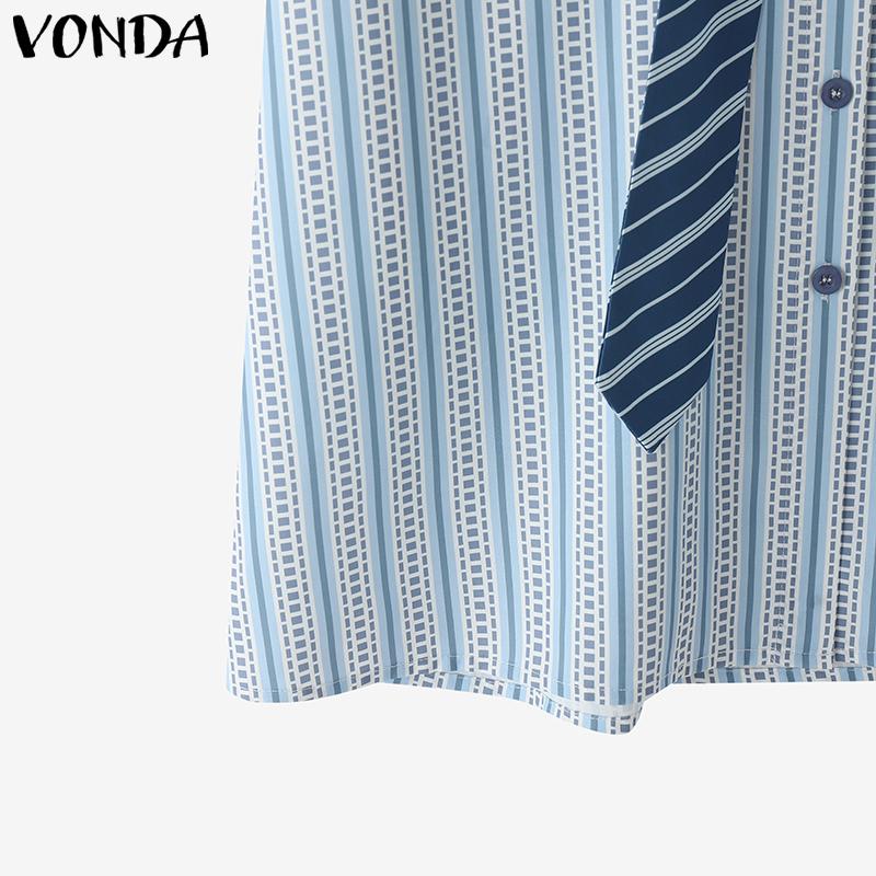 VONDA Women Tie Up Short Sleeve College Style Striped Oversized Casual Shirts